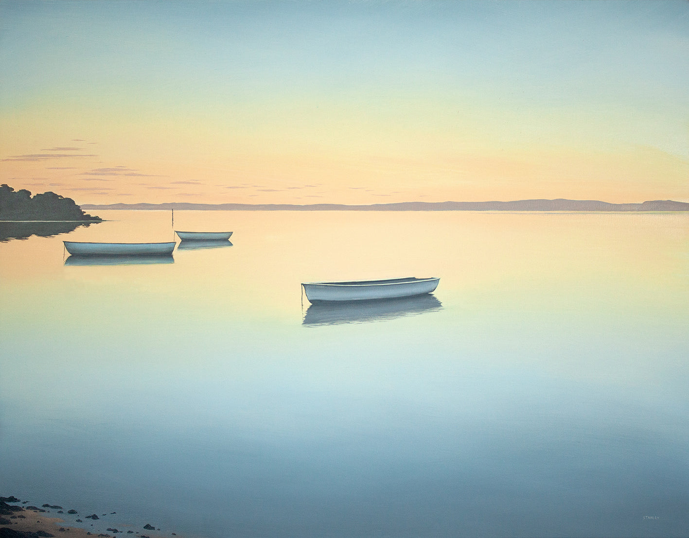 Boats on calm water at sunset. From the original oil painting by Richard Stanley Tasmania.